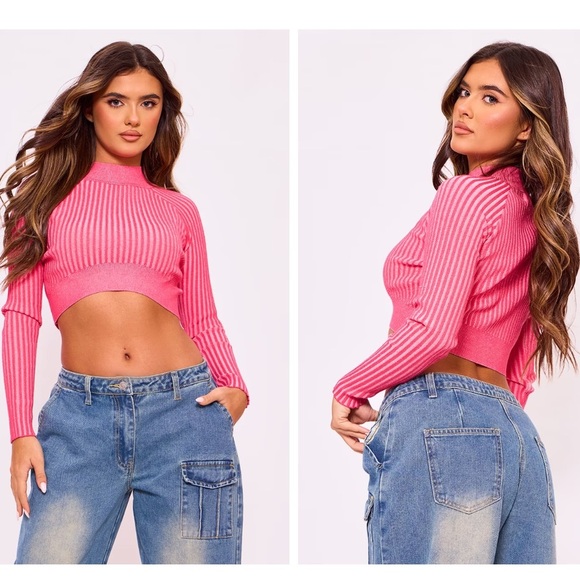 PrettyLittleThing Tops - NWT PRETTYLITTLETHINGS- Fuchsia Two Tone Rib Knit Long Sleeve Top